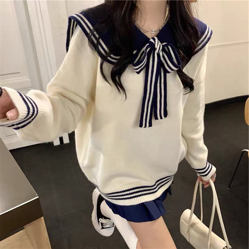 Loose And Lazy Style Contrast Sweet Navy Collar Sweater Women