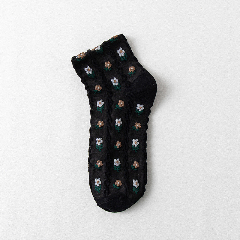 Small Floral Girl Cotton Socks Net Red Medium And Short Tube Student