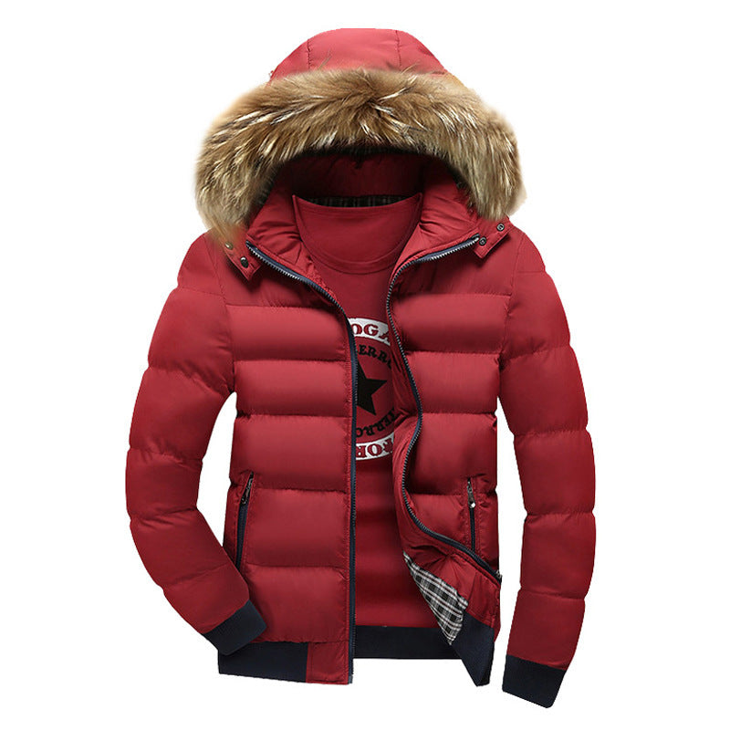 Men's Hooded Fur Collar Warm Cotton Coat