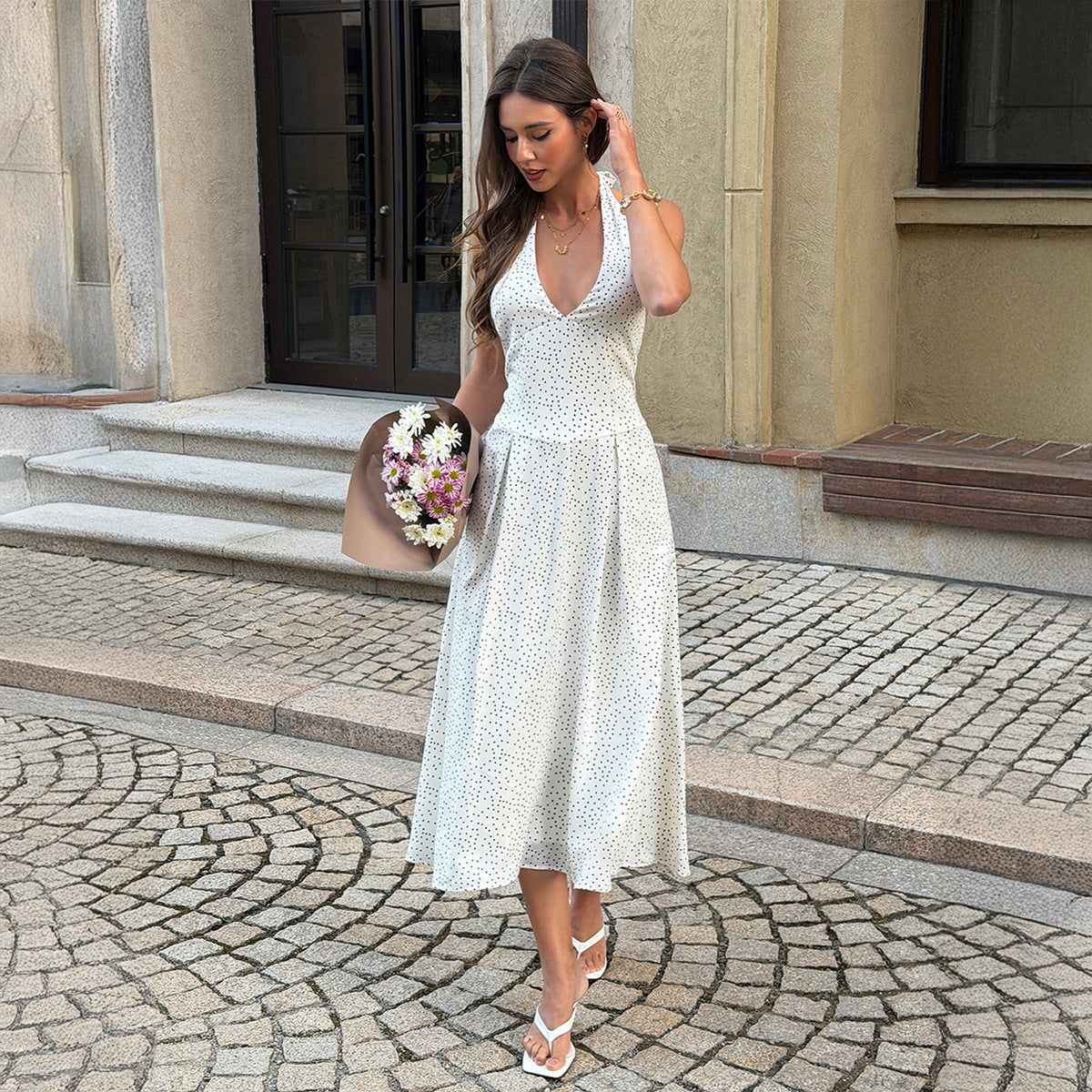 Elegant Retro Deep V-Polka-Dot Waist-Cinching Dress