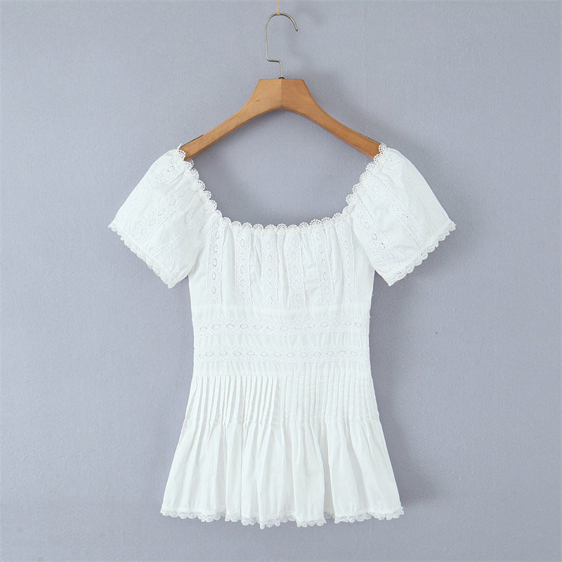 French Refined Handmade Lace Lace Slim Fit Patchwork Pleated Small Top