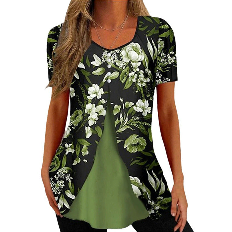 Women's Floral Print Round Neck False Two Pieces Button Short Sleeve T-shirt