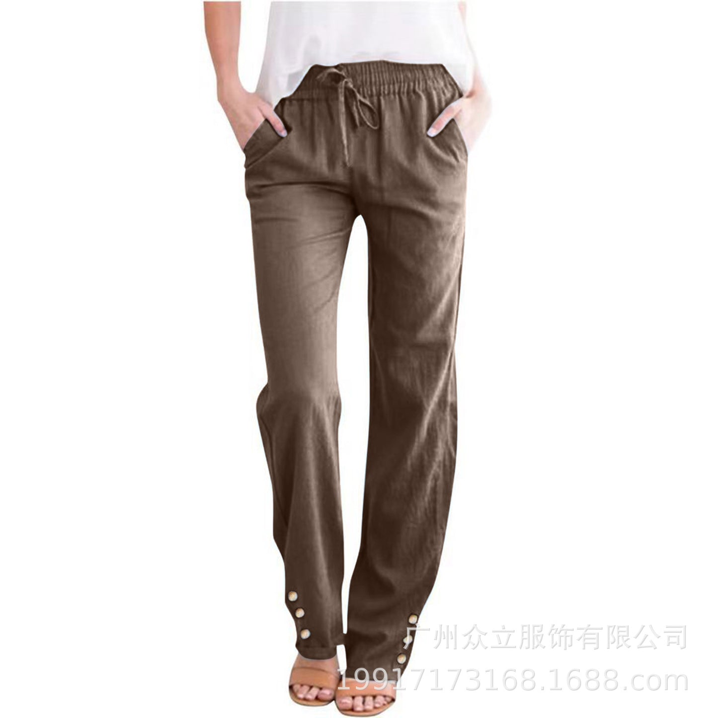 Solid Color Cotton And Linen Loose Drawstring Button Casual Wide-leg Trousers