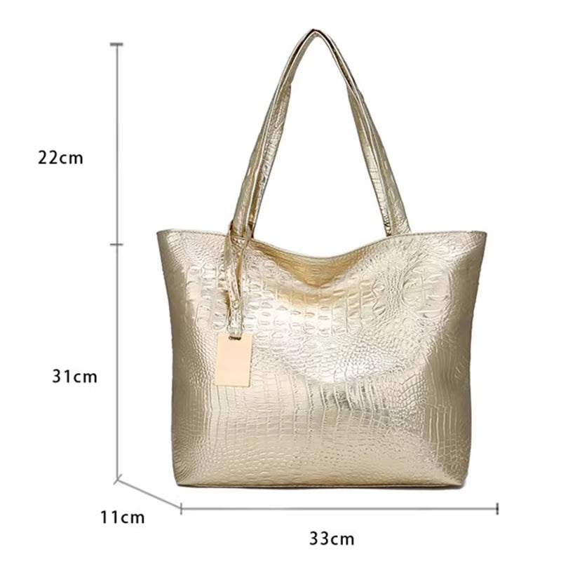 Elegant Crocodile Pattern PU Leather Tote Bags for Women in Silver, Gold, and Black