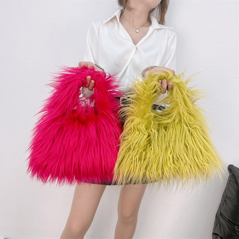 Cross-border NImitated Tibet Sheep Fur Square Bag Plush Personality Style Hand Holding Clutch