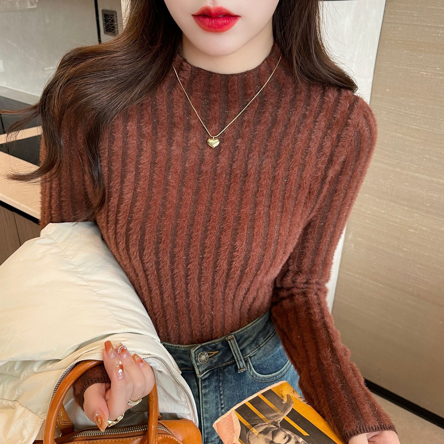 High-grade Fleece-lined Half-high Collar Knitted Bottoming Shirt Inner Wear Sweater