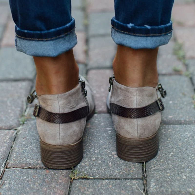 Retro Ankle Boots With Side Zipper Belt Buckle Design Round Toe Low Heel Boot Female Winter Autumn Fashion Women's Shoes