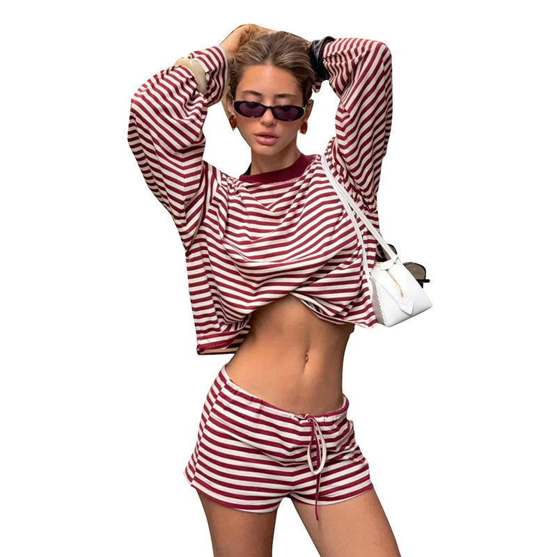 Comfortable Relaxed Casual Striped Drawstring Shorts Set
