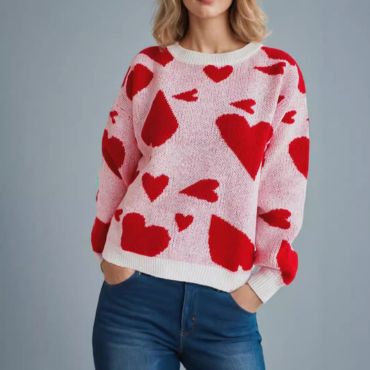 Round Neck Heart-shaped Two-color Jacquard Pullover Sweet