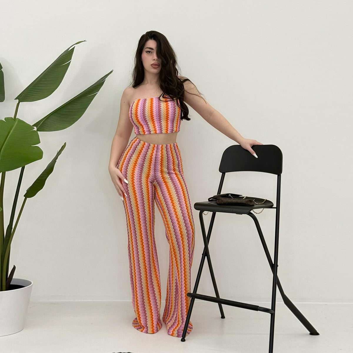 New Color-knit Crop Top And Backless Striped Set For Women