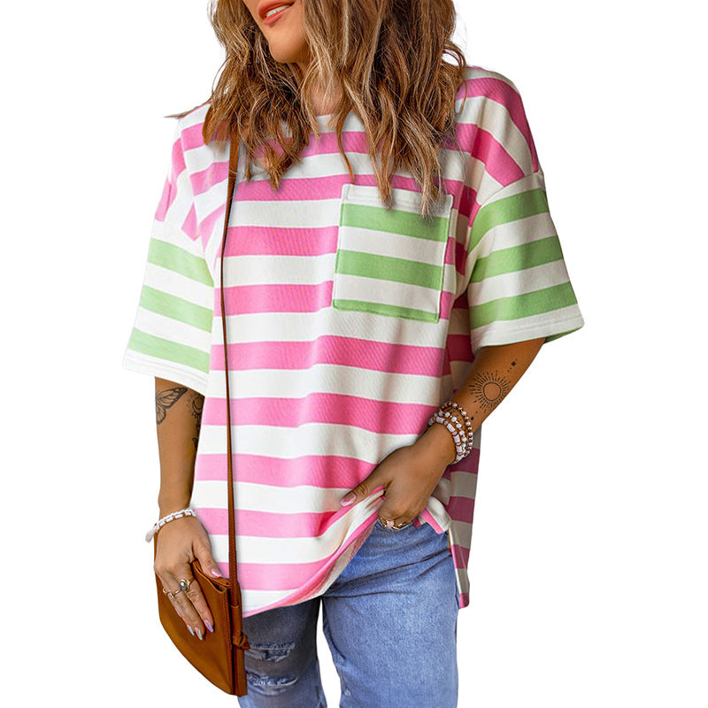 Round Neck T-shirt Women's European And American Loose Casual Dopamine Short Sleeve Top