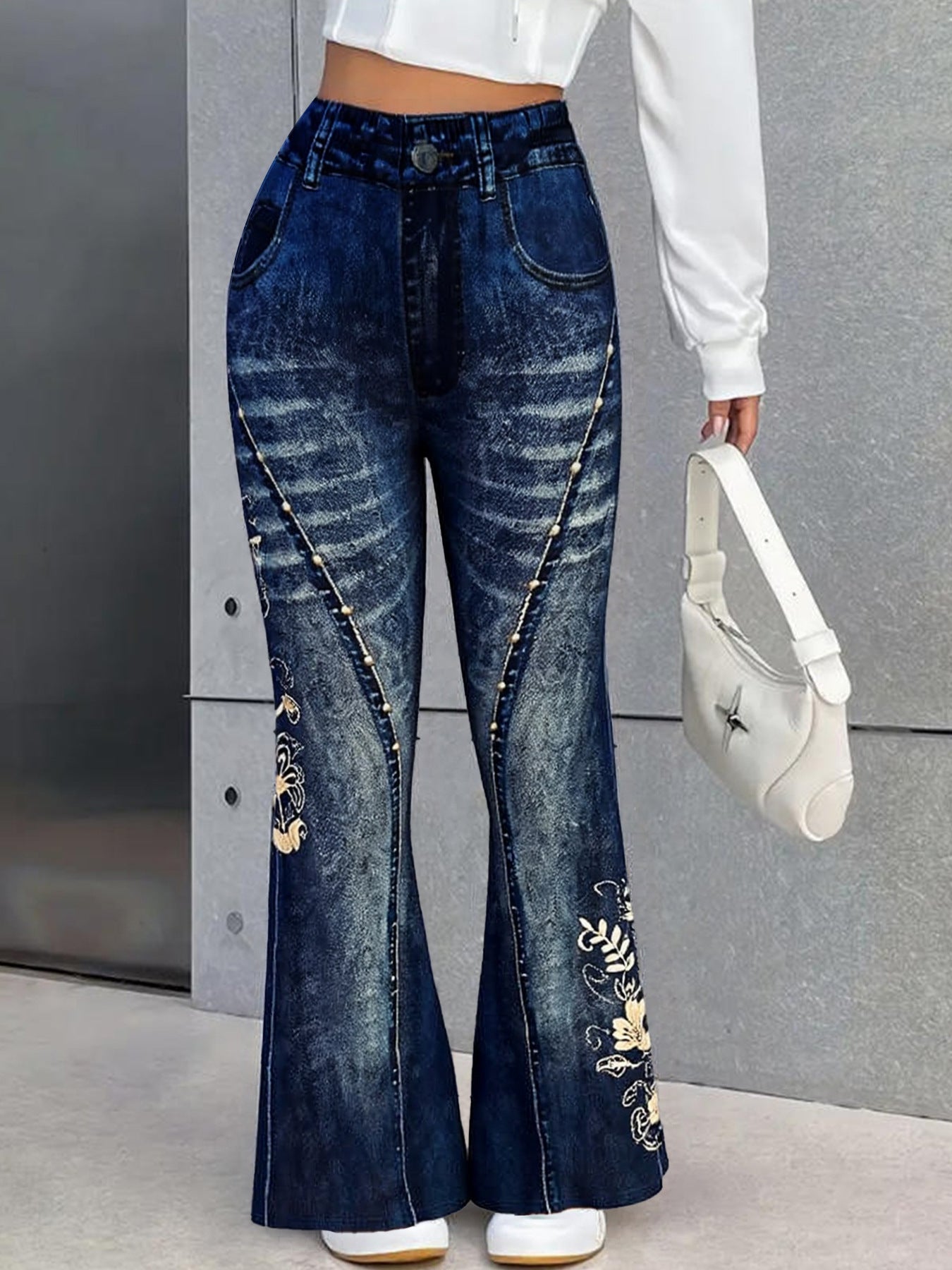 High-waisted Stretchy Faux Denim Pants With A Printed Design