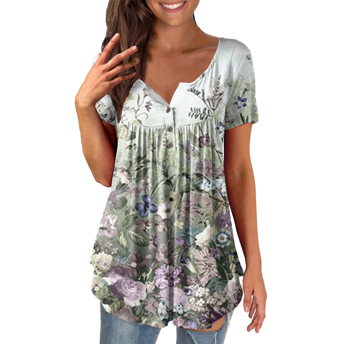 Ladies' Printed Ruffled Pullover Short Sleeve