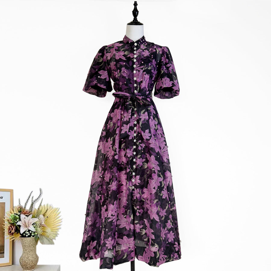 Womens Vintage-Style Floral Print Cinched Waist Dress