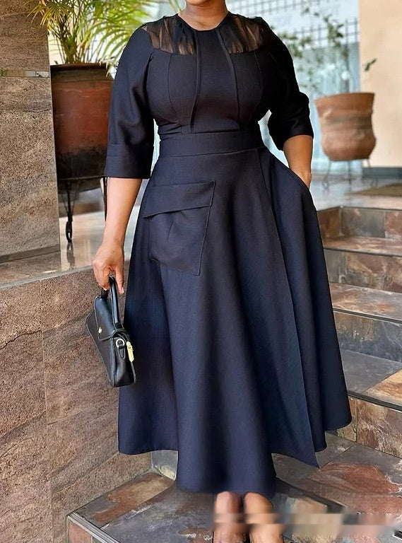 Womens Waist-Cinching Full-Skirted Solid-Color Dress