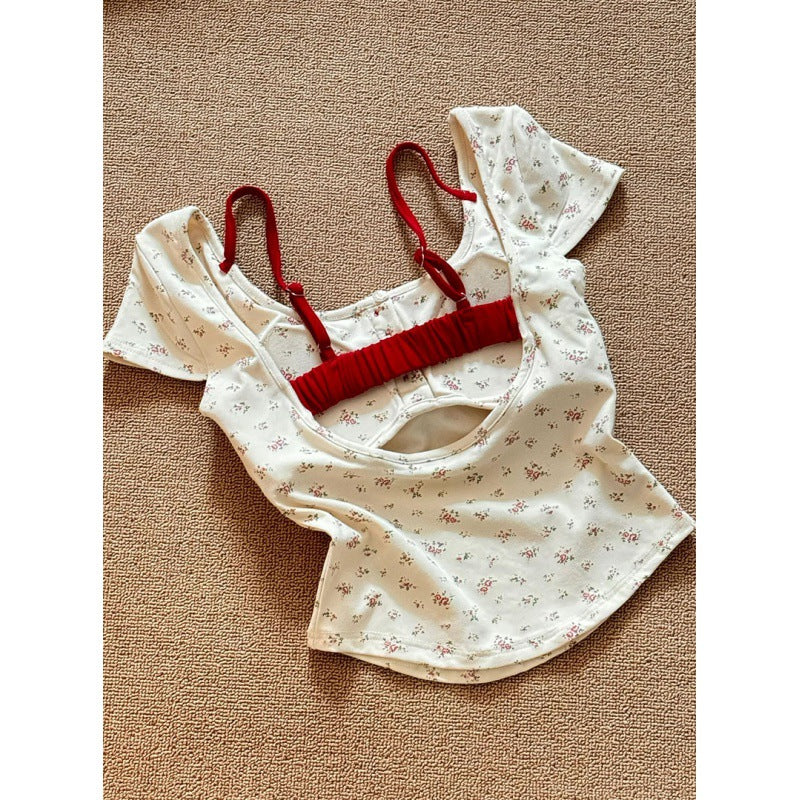Pure Desire Floral Square Collar Shoulder Short-sleeved T-shirt Women's Summer With Chest Pad