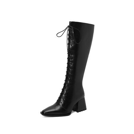 European And American Autumn And Winter Thick Heel Boots Cross Lace Loop
