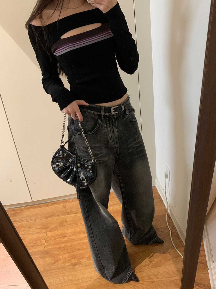 Gamle retro-vaskede højtaljede casual jeans med brede ben