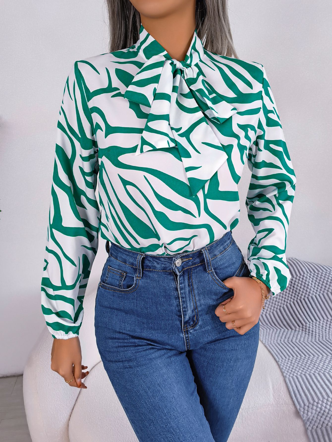 Women's Elegant Color Block Stripe Tie Waist Lantern Sleeve Chiffon Top