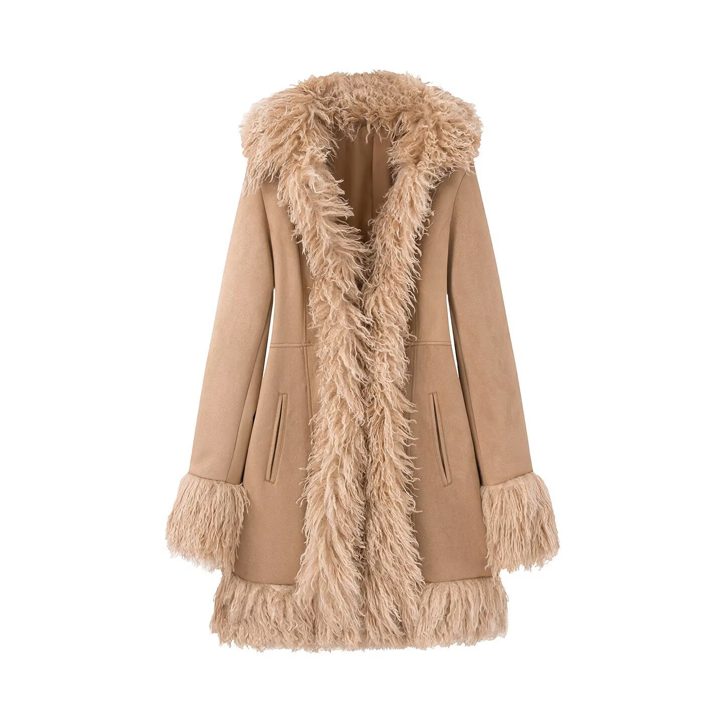 Stylish Mid-Length Suede And Fur Patchwork Coat