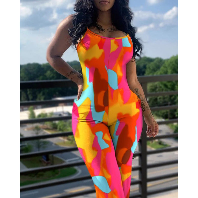 Women's Fashion Print Suspenders Wide Leg Casual Jumpsuit