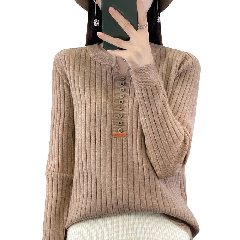 Long Sleeve Round V-neck Sweater Solid Color