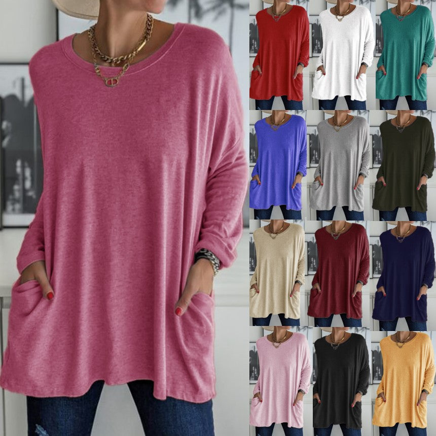 Spring And Summer New Round Neck Long Sleeve Loose Pockets Solid Color