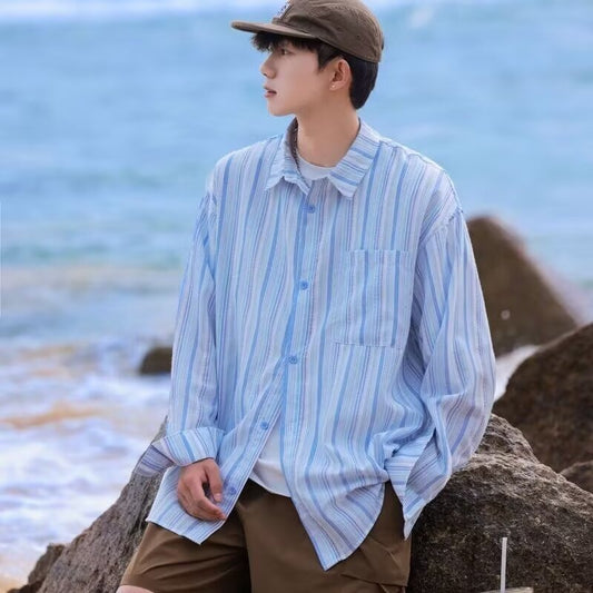 Versatile Sun-Protective Long-Sleeve Shirt Loose-Fit Striped Casual Mens Shirt