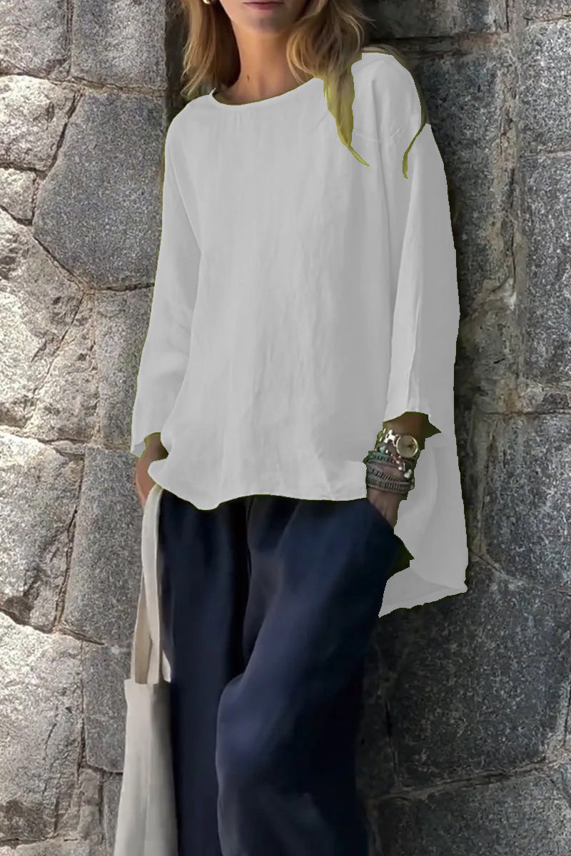 Women's Loose Linen Cotton Round Neck Long Sleeve Shirt