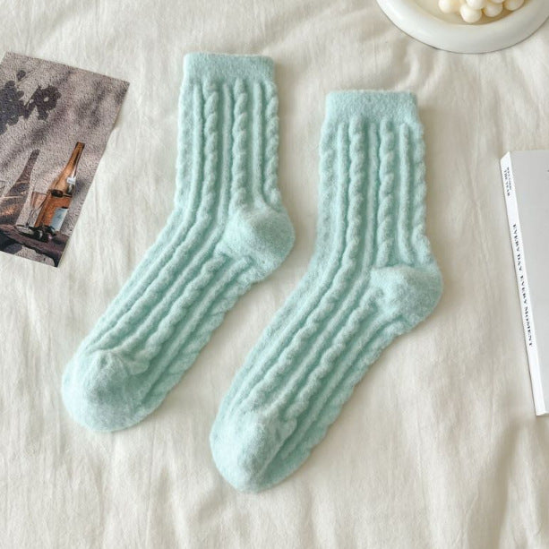 Thick Solid-color Mid-calf Cotton Socks For Women