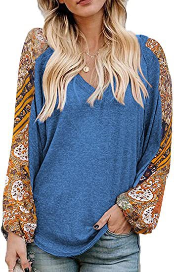 Women's New Loose V-neck Balloon Splicing T-shirt Women
