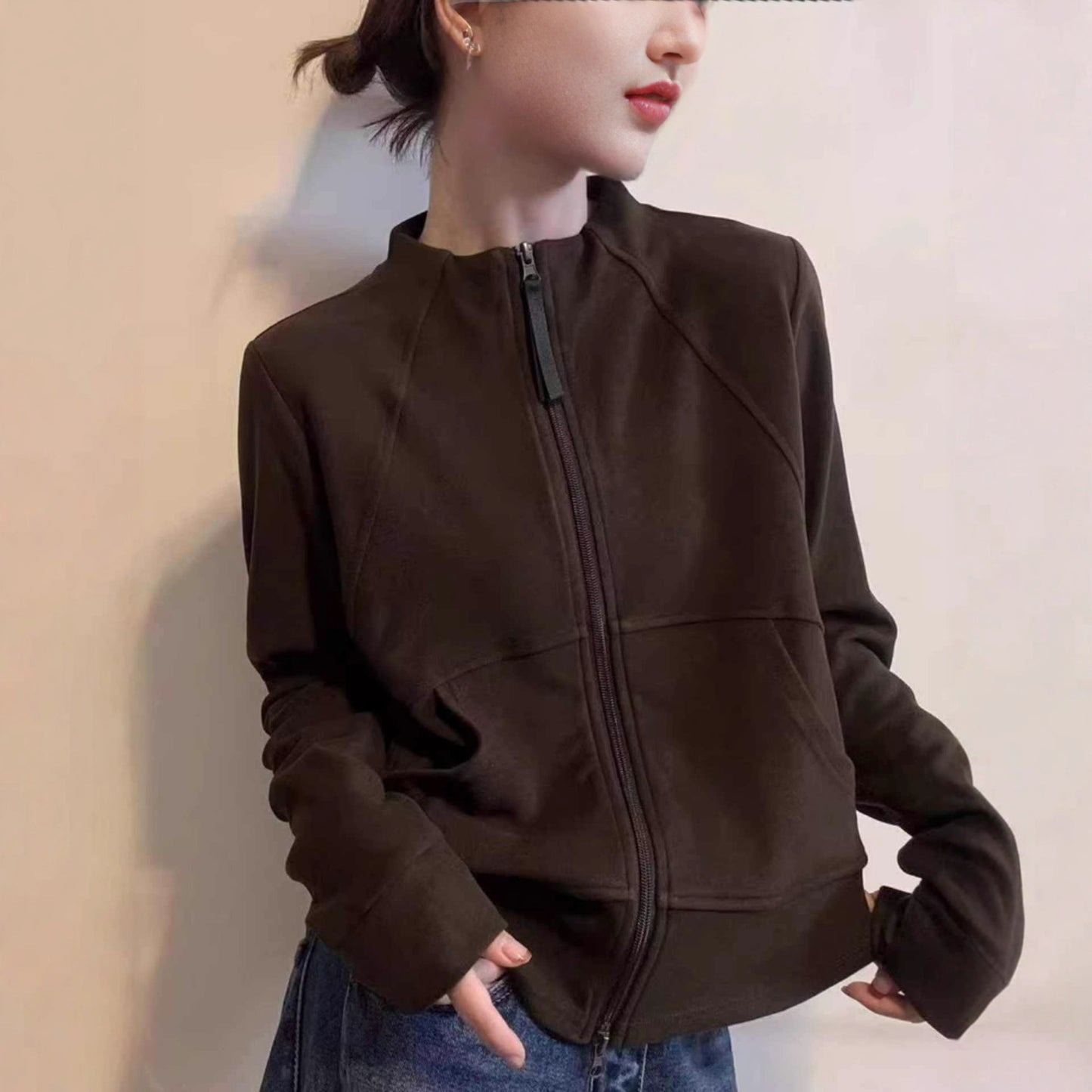 Minimalist-style Women's Hoodie With A Stand-up Collar And Double Zippers