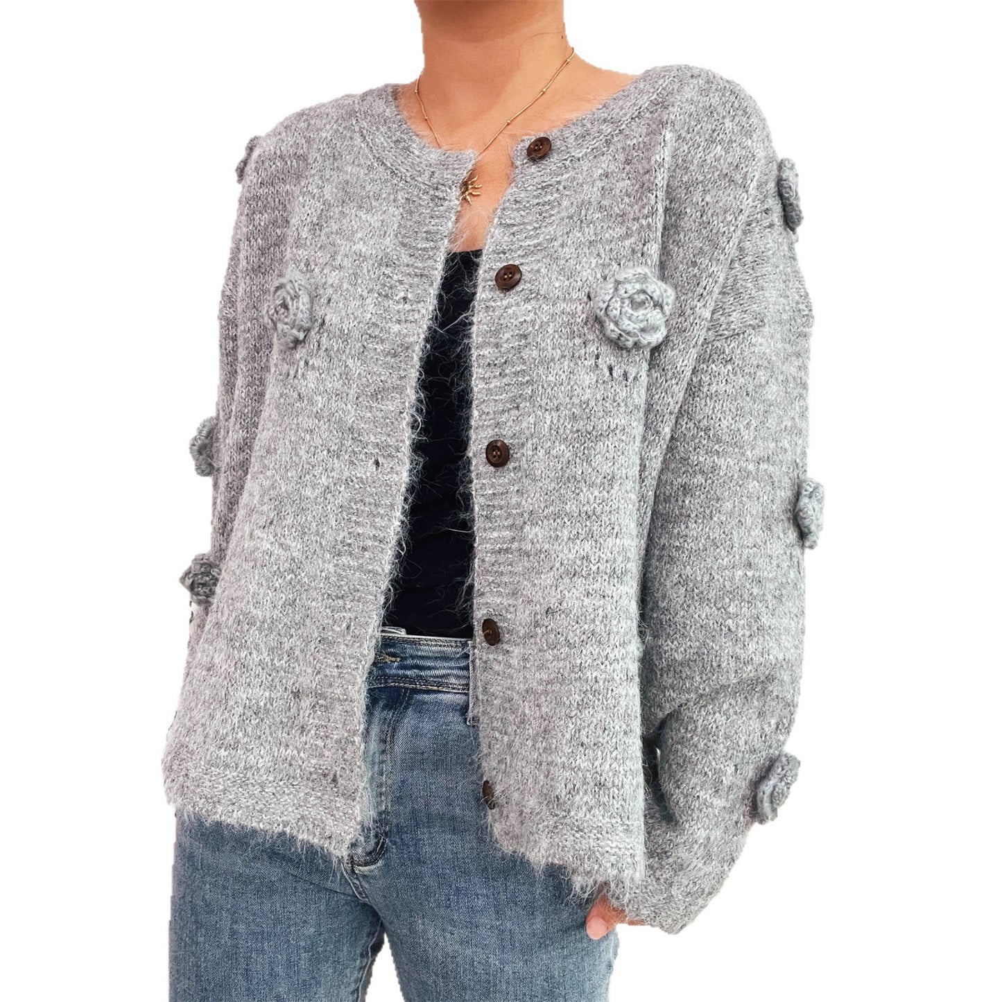 Three-dimensional Flower Cutout Knitted Coat Round Neck Cute Sweater