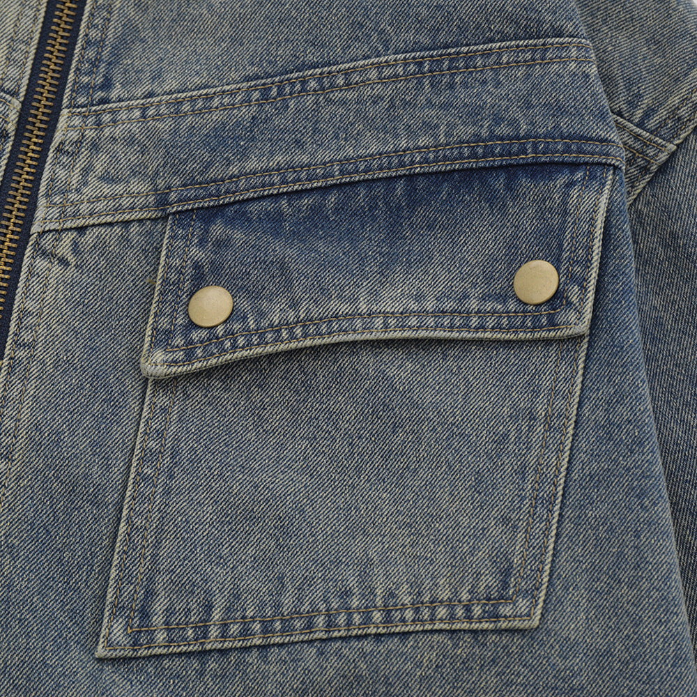 Retro Workwear Pocket Zipper Denim Clothes Jacket Spring And Autumn