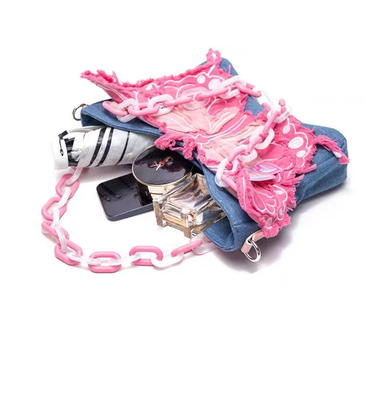 Original Denim Butterfly Contrast Color Acrylic Chain Shoulder Messenger Bag