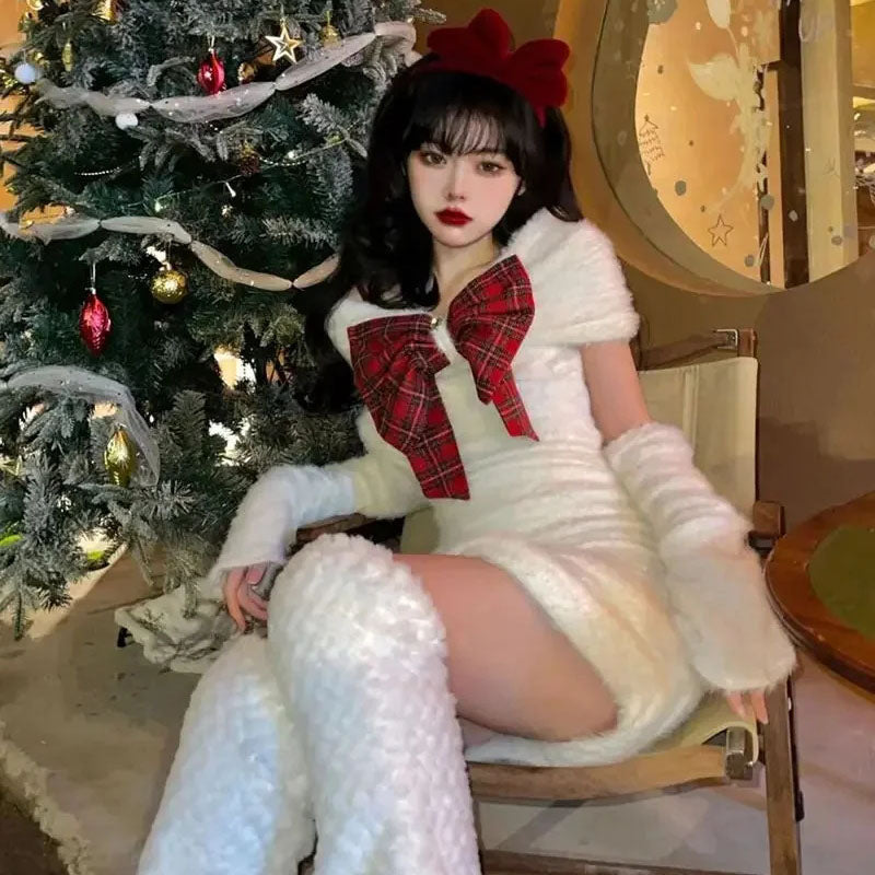 Women Off Shoulder Slim Faux Fur Christmas Party High Waist Slim Dress With Red Bow