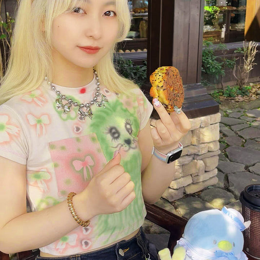 European And American Style Fresh Cute Printed Round Neck Pullover Midriff-baring Top