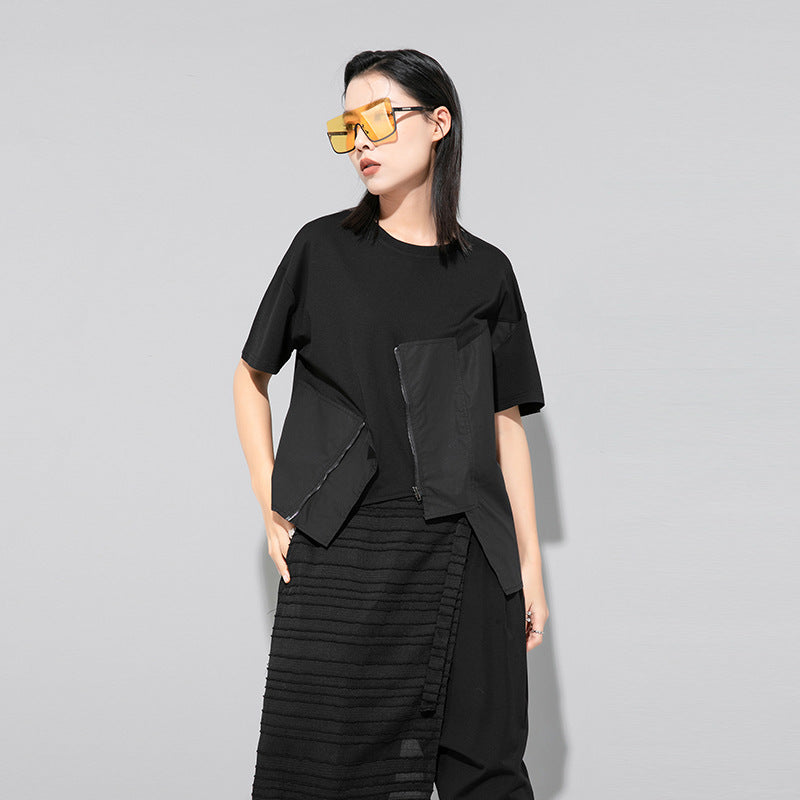 Street Stitching Half Sleeve Irregular Solid Color Short Sleeve T-shirt