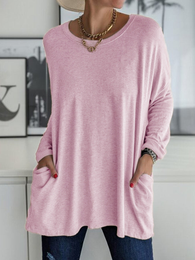 Spring And Summer New Round Neck Long Sleeve Loose Pockets Solid Color