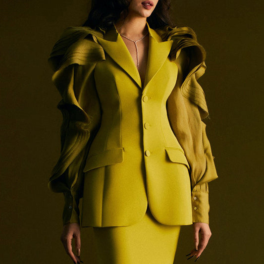 Personality Lapel Gauze Stitching Puff Sleeves High-quality Slim Suit Jacket