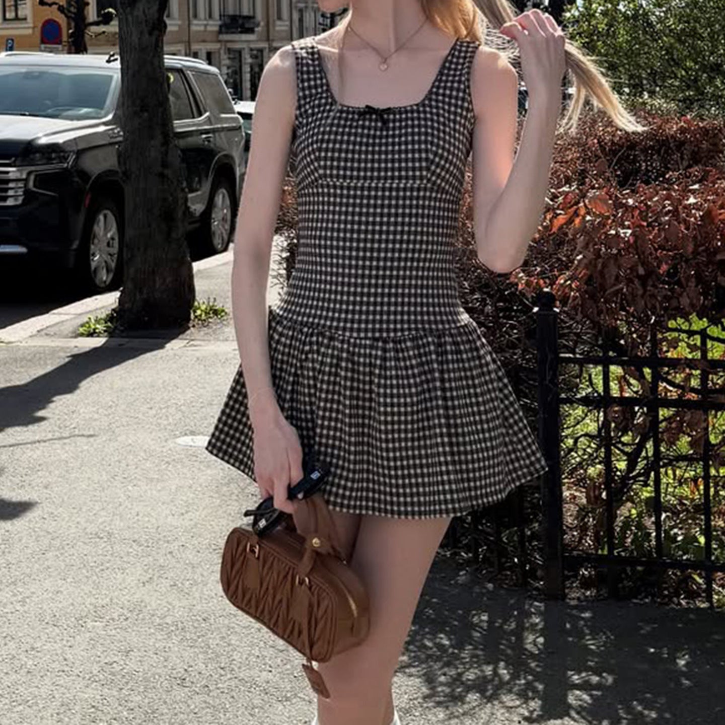 Womens Small-Plaid Square-Neck A-Line Dress