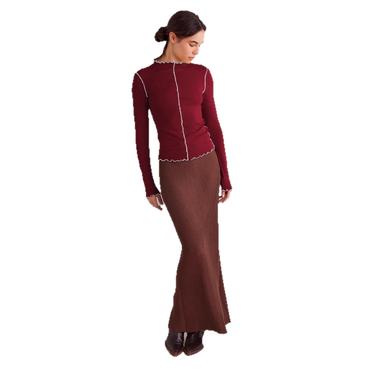 Color-Block Curling Fake Collar Long-Sleeve Versatile Womens Shirt