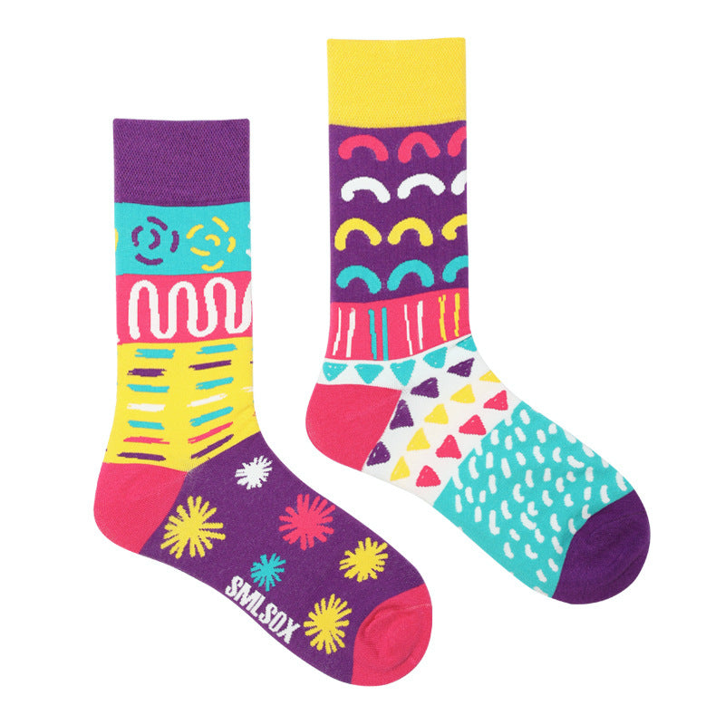 Asymmetrical Color Retro Personality Male And Female Couple Mid-length Cotton Socks