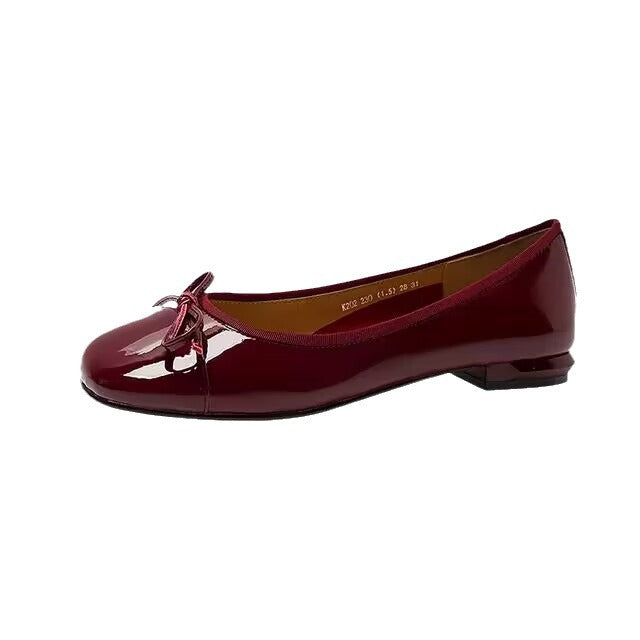 French Style Vintage Bow Patent Leather Flat Shoes