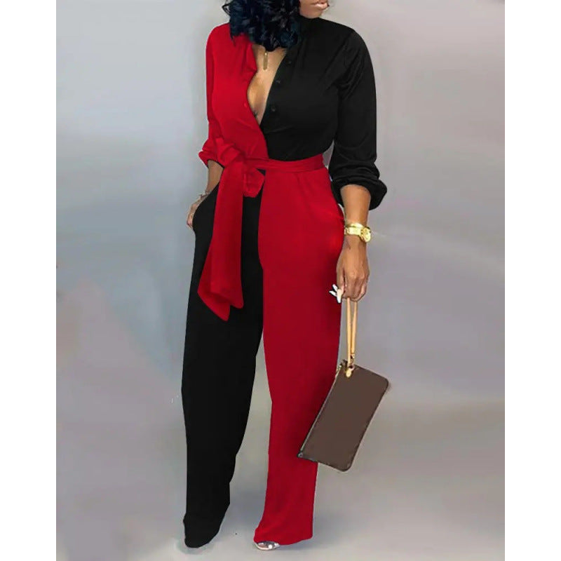 European And American Printed Button Loose Long Sleeve Tied High Waist Casual Straight-leg Jumpsuit