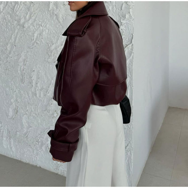 Manteau en cuir uni court et ample pour femme