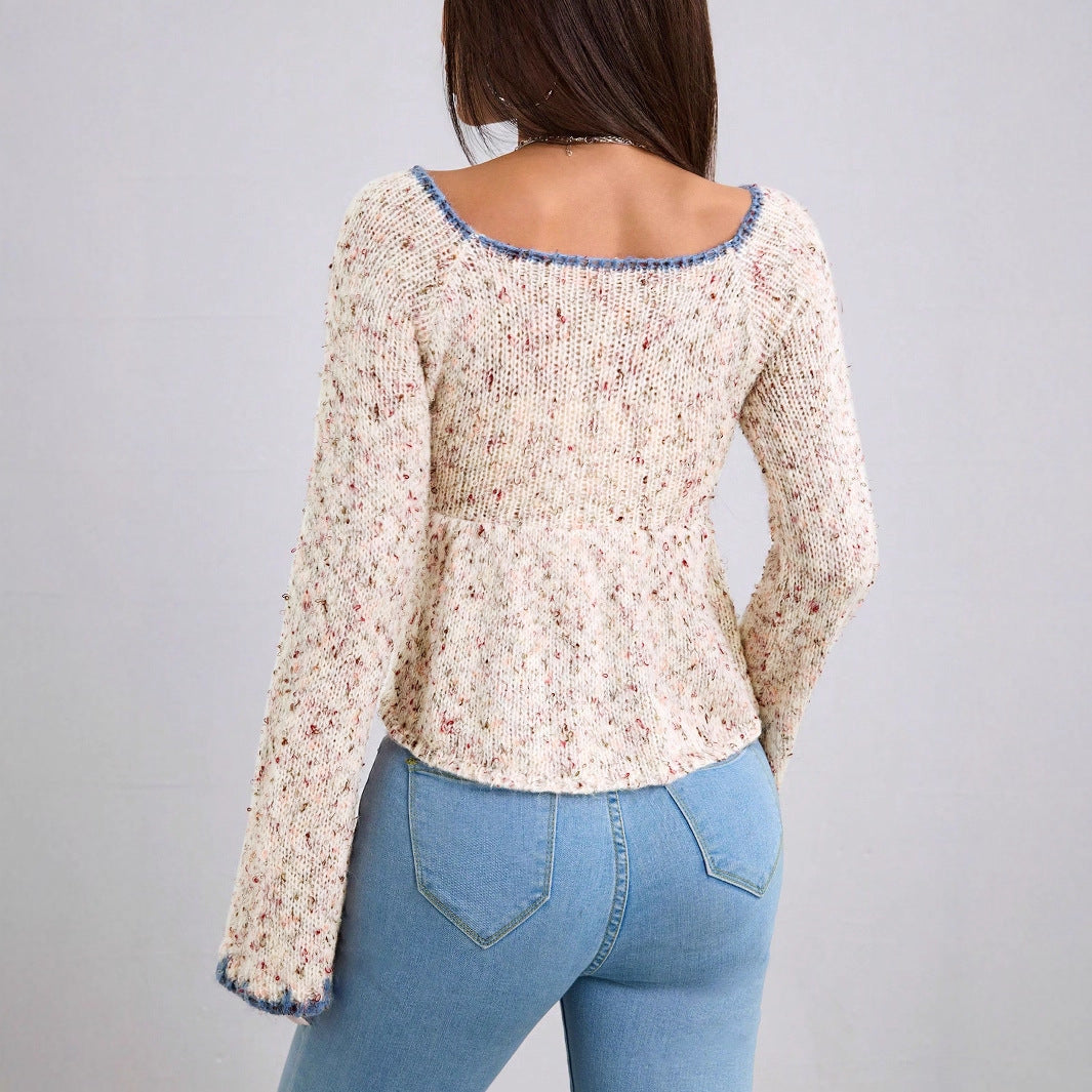 Women's Large V-neck Tie-neck Flared Sleeves Knitted Sweater