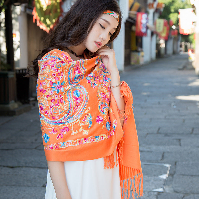 Embroidered Ethnic-Style Great Wall Cashew-Pattern Embroidery Cashmere Scarf