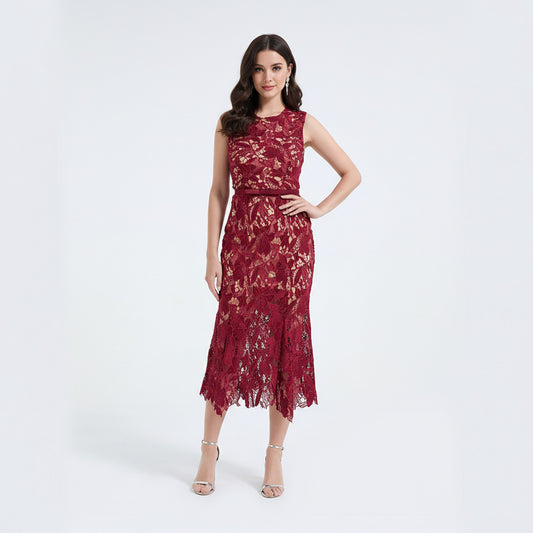 Lace Hollowed Out Sleeveless Waist Cinched Fish Tail Dress