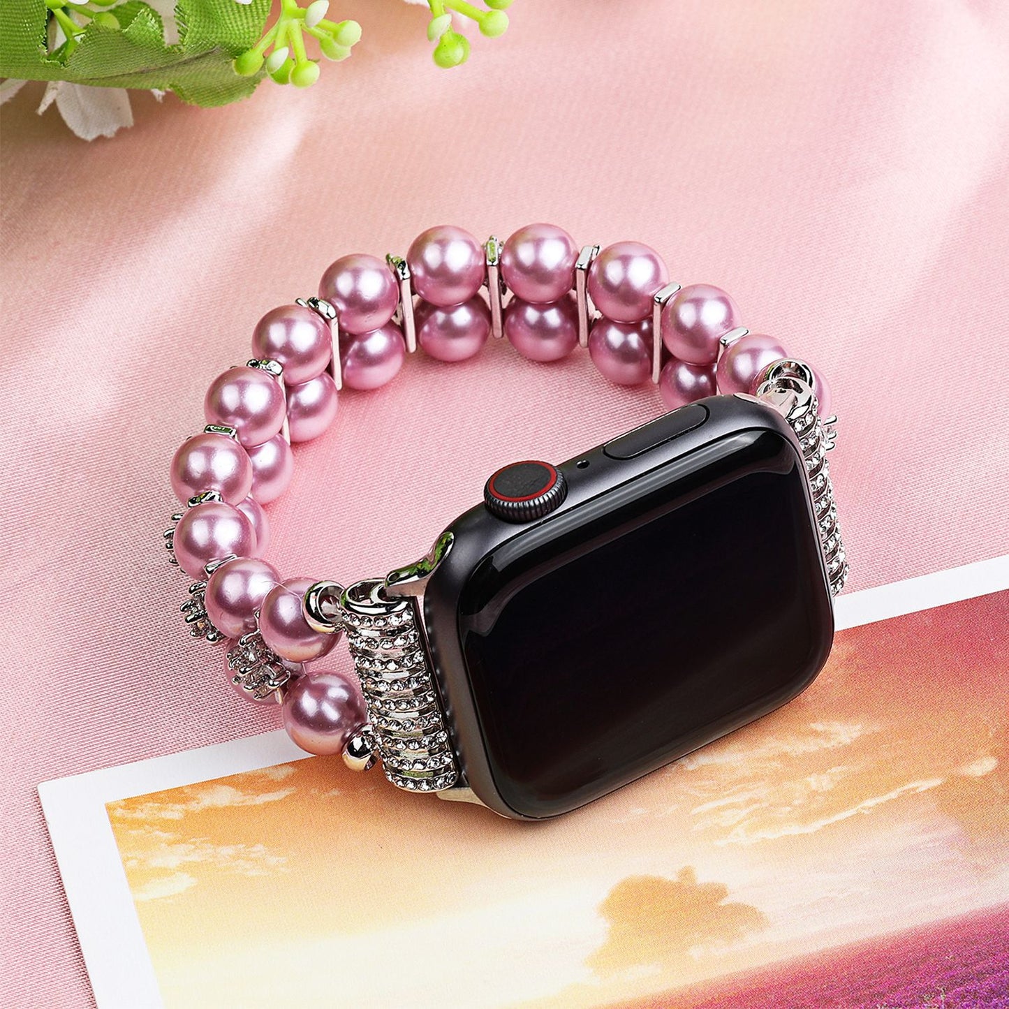 Anvendelig Apple Watch Dobbelt Række Smykkerem Zirkon Blomst Perle